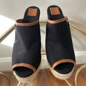 Tory Burch black and jute wedge espadrilles, size 7.5